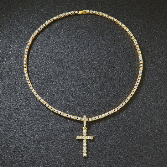 Cross Pendant Single Row Diamond Cuban Necklace