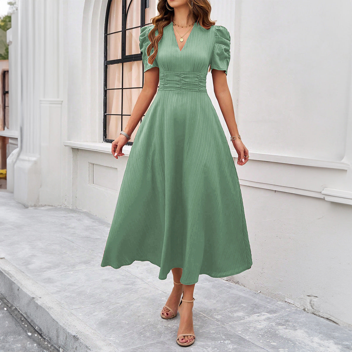 Women's Fashion Elegant Solid Color Waist Tight Dress