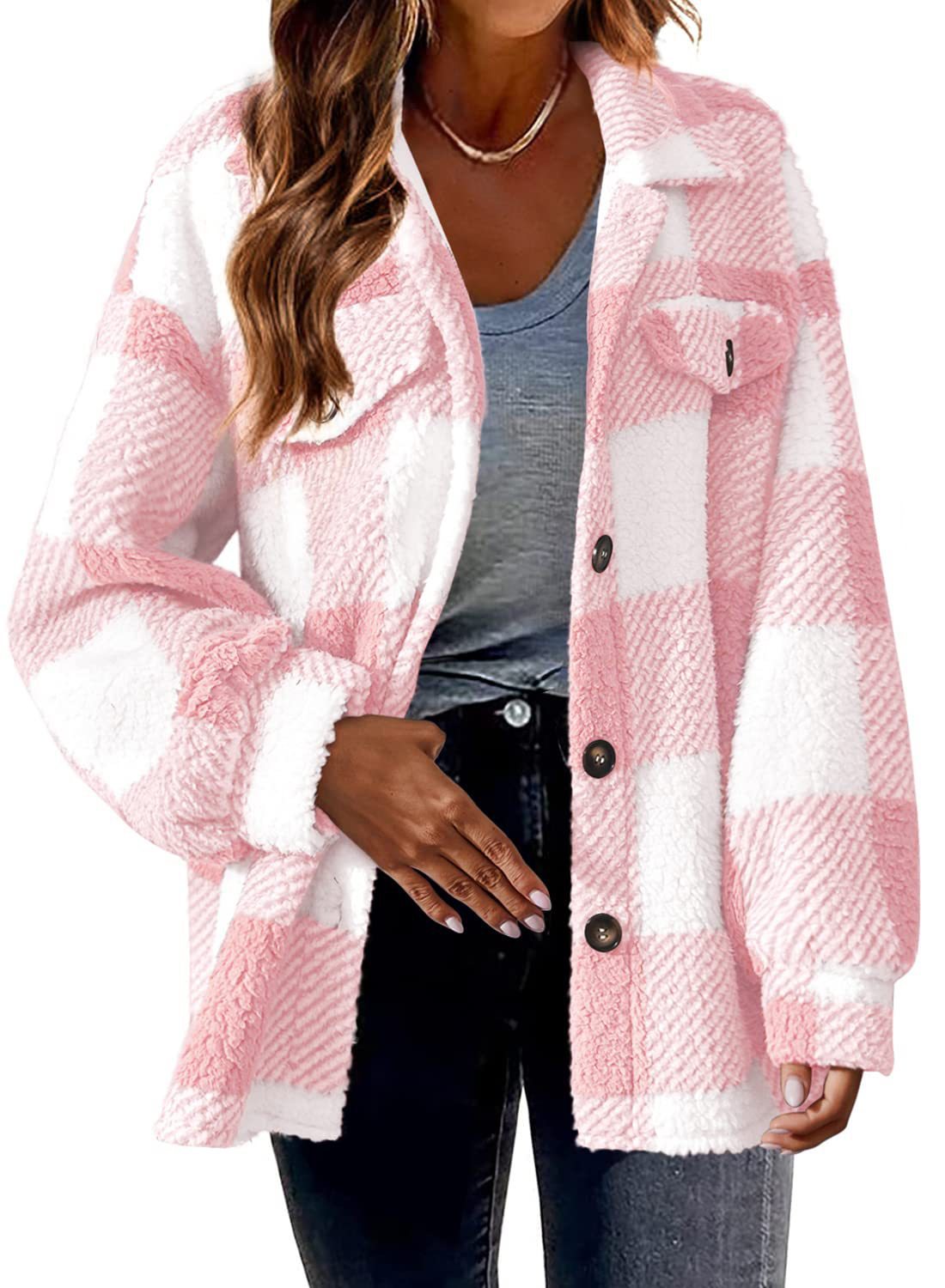 Winter Pocket Plaid Jacket Button Plush Coat