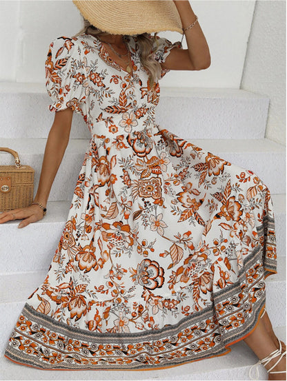 Full Printing Puff Sleeve Super Collar Dress