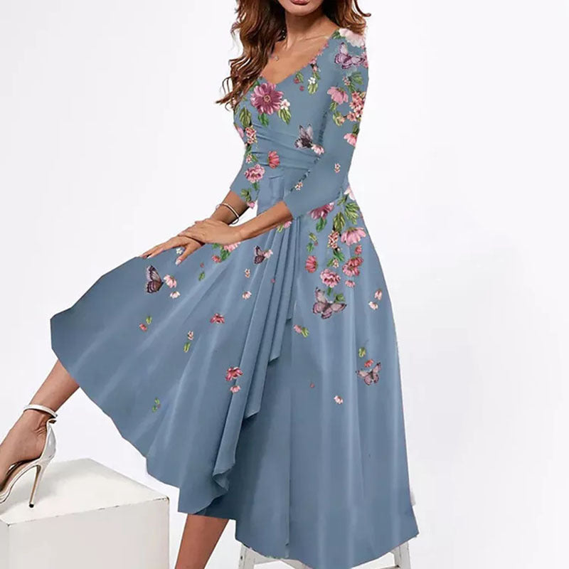 Women's Fashionable V-neck Loose Floral Print Mid-length Sleeves Dress