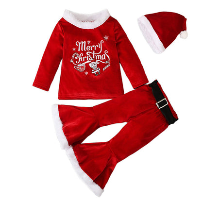 Christmas Plush Suit Top Bell-bottom Pants Hat Three-piece Set