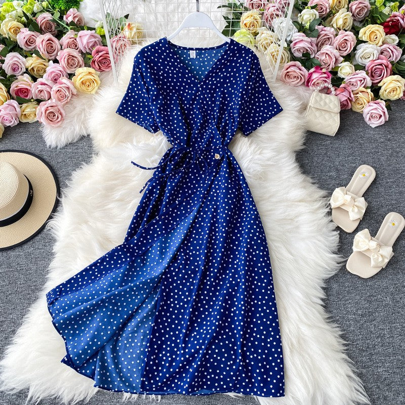 Polka Dot Chiffon Dress Waist Slimming