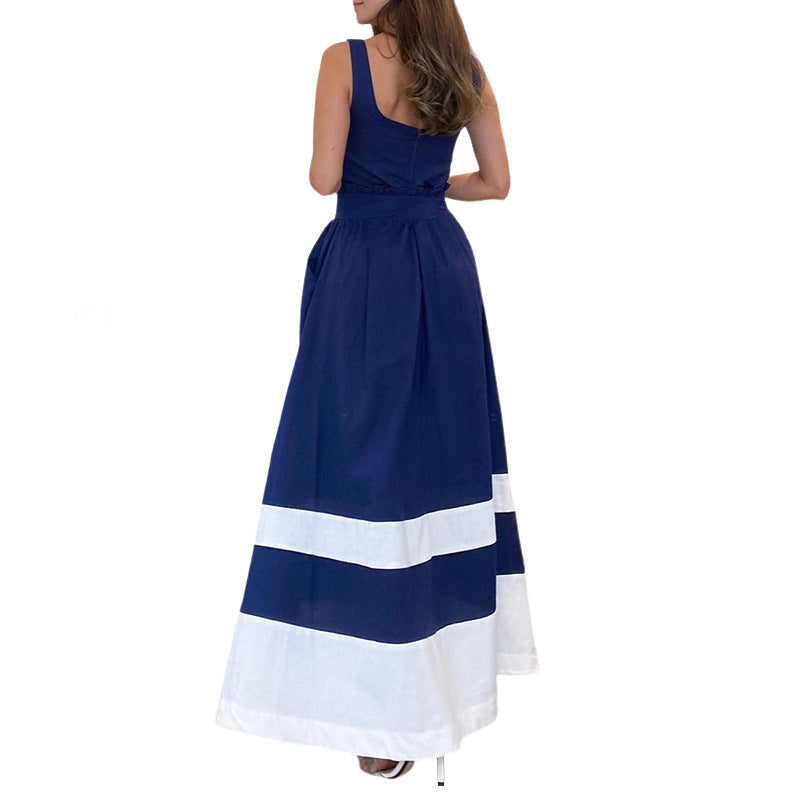 Women's Fashion Square Collar Stitching Mid-length Dress