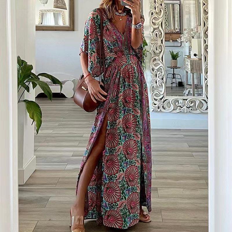 New Fashion V-neck Short Sleeve Loose Bohemian Printed Dress