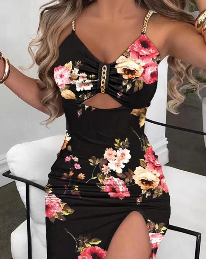 Split Spaghetti-strap Floral Print Dress