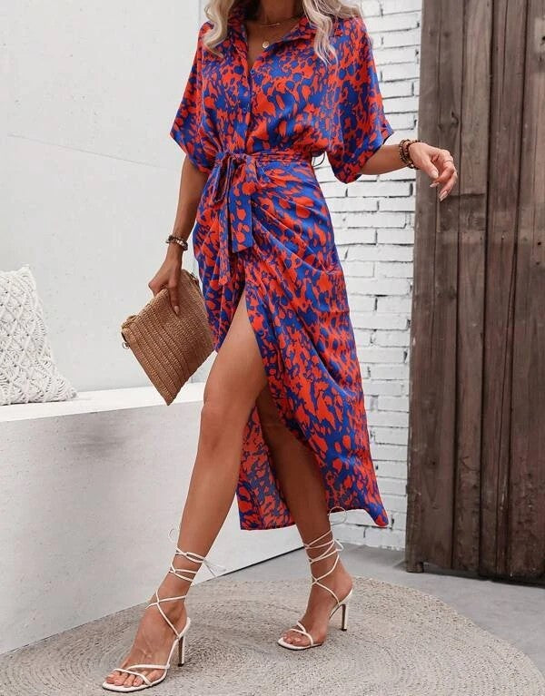 Blotch Print Batwing Sleeve Belt Shirt Dress