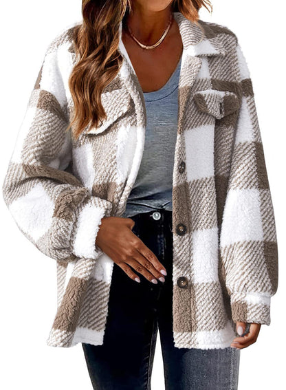 Winter Pocket Plaid Jacket Button Plush Coat