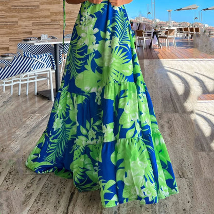 Women's Fashionable Printed V-neck Strap Long Skirt