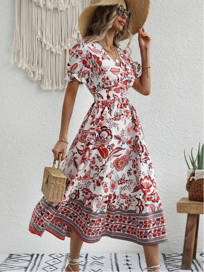 Full Printing Puff Sleeve Super Collar Dress