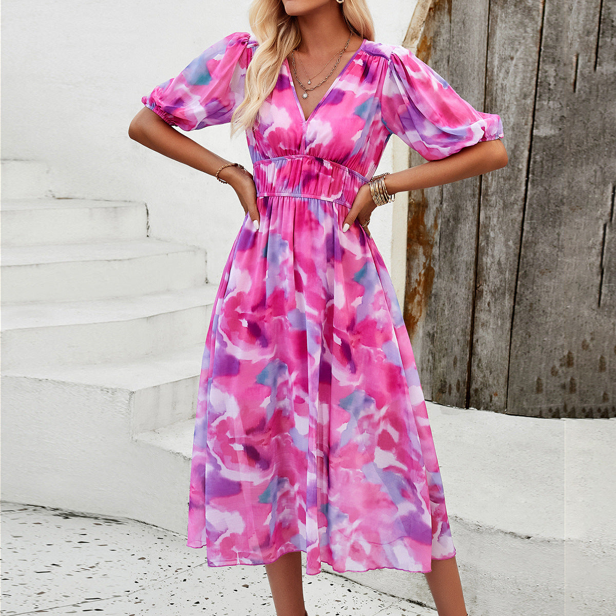 Women's Clothing Floral Print Waist-tight V-neck Dress