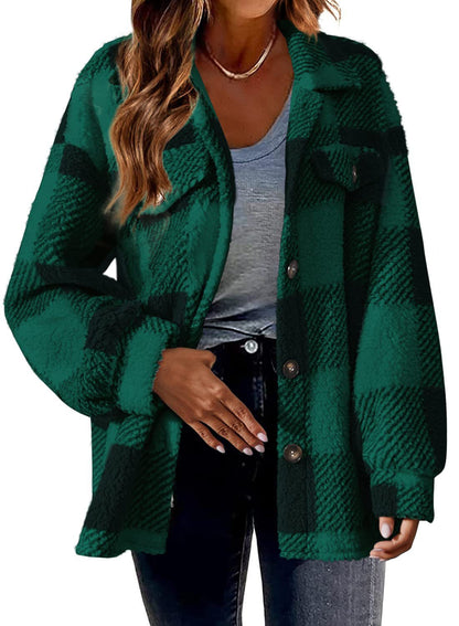 Winter Pocket Plaid Jacket Button Plush Coat