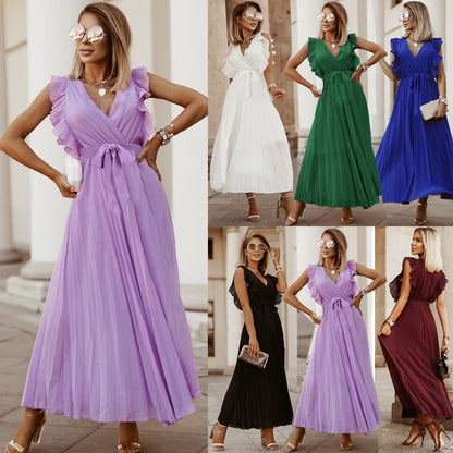 Elegant Beach Fashion Slim Sexy Ruffle Sleeve Chiffon Solid Color Dress