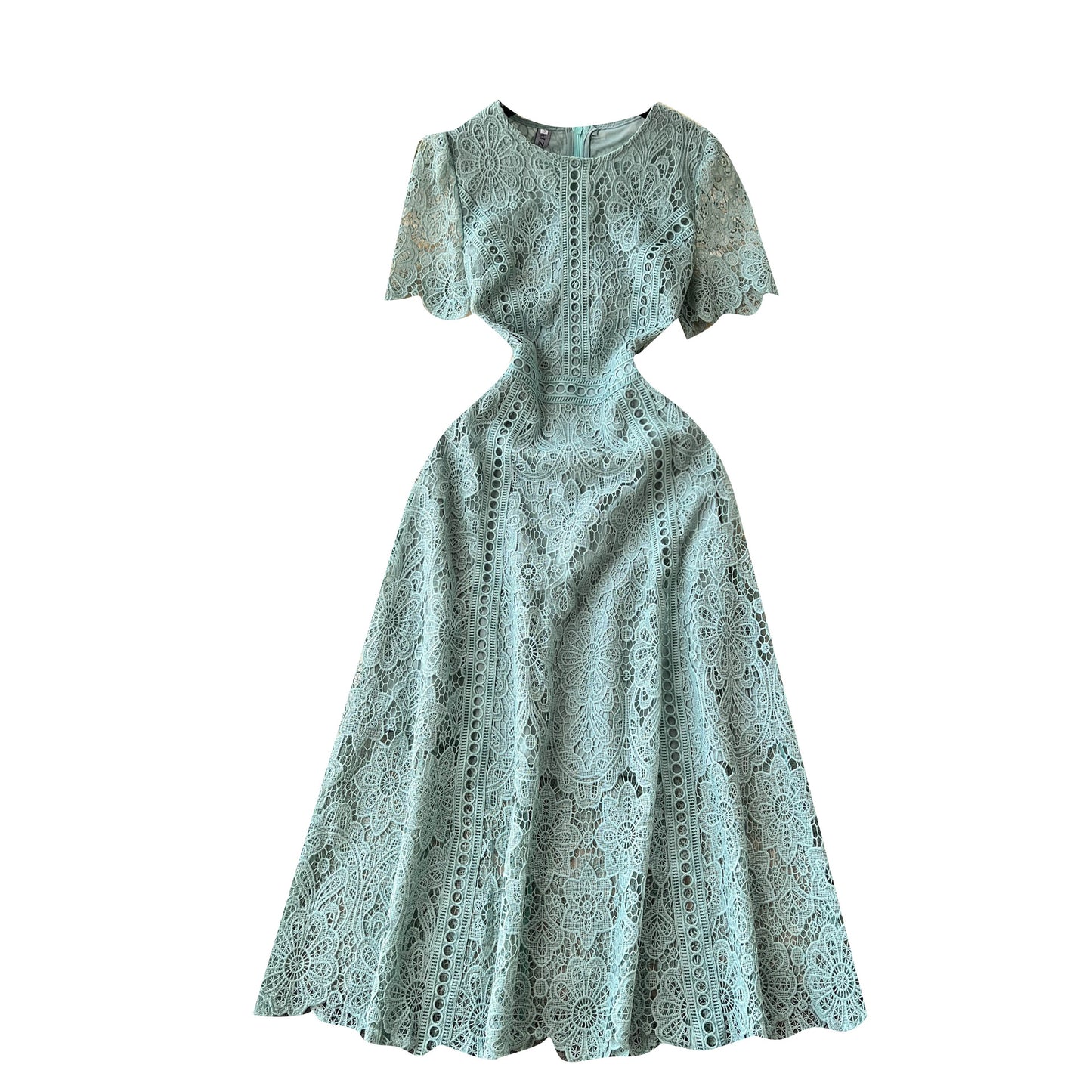 Round Neck Ruffle Sleeve Lace Dress