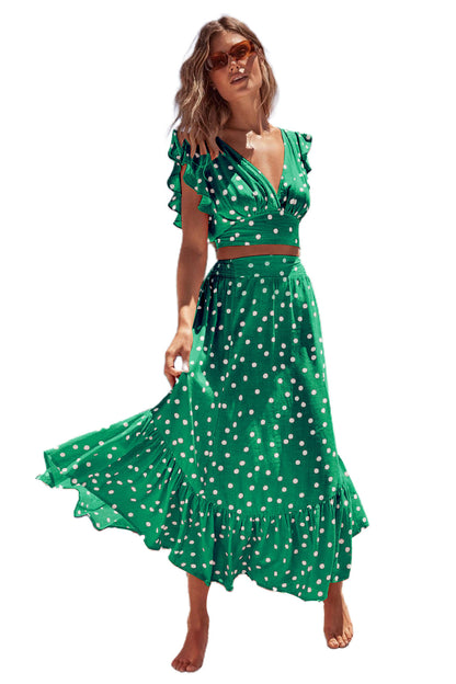 Women's Bohemian V-collar Polka Dot Printed Skirt Suit