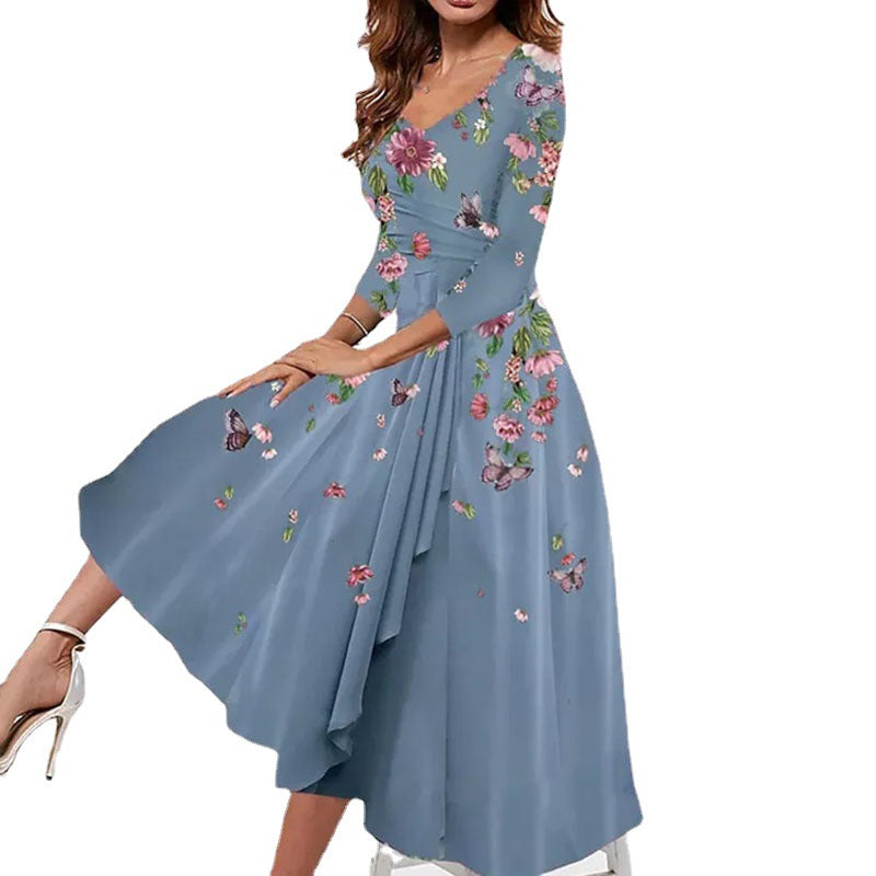 Women's Fashionable V-neck Loose Floral Print Mid-length Sleeves Dress