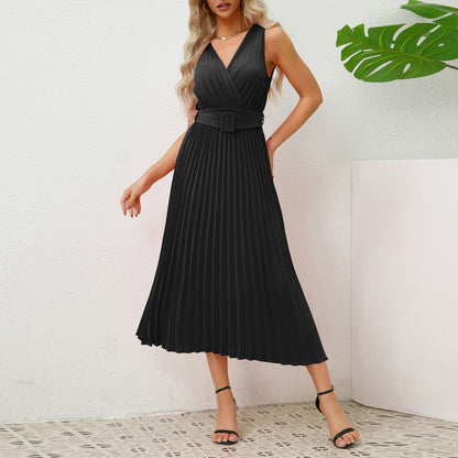 V-neck Pleated Belt Dress