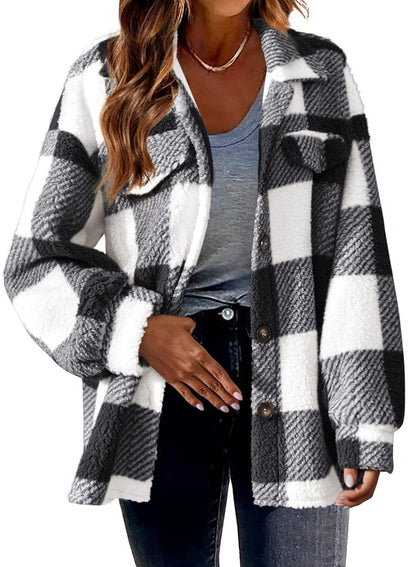 Winter Pocket Plaid Jacket Button Plush Coat