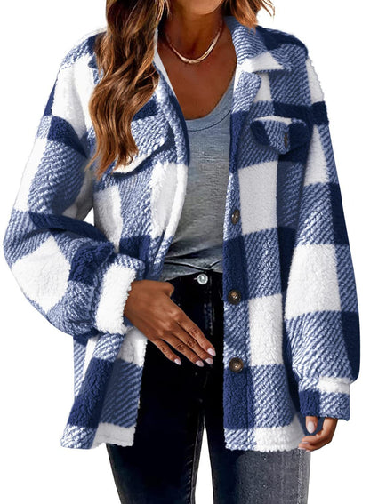 Winter Pocket Plaid Jacket Button Plush Coat