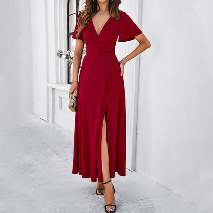 Women's Solid Color Elegant Slim V-neck Dress