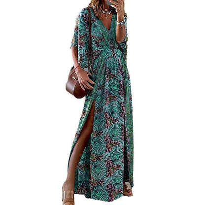 New Fashion V-neck Short Sleeve Loose Bohemian Printed Dress