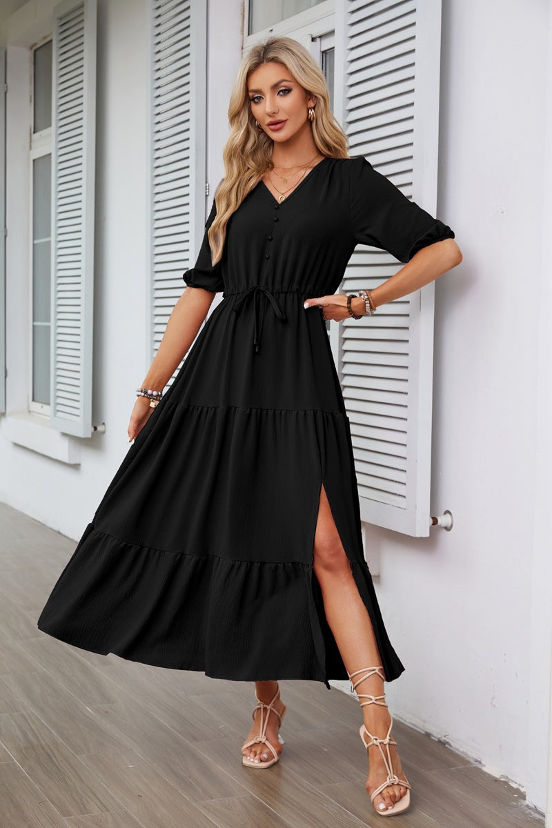 V-neck Buttons Drawstring Slit Short Sleeve Dress