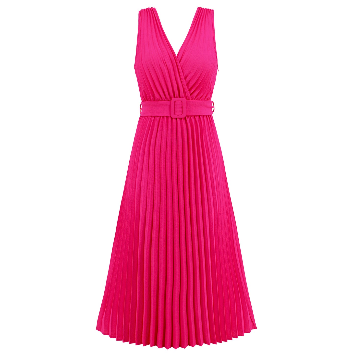 V-neck Pleated Belt Dress