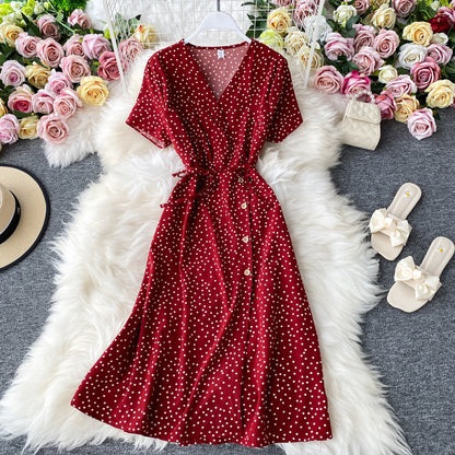 Polka Dot Chiffon Dress Waist Slimming