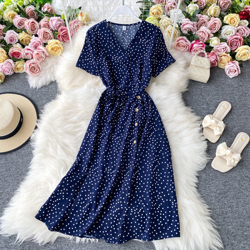 Polka Dot Chiffon Dress Waist Slimming