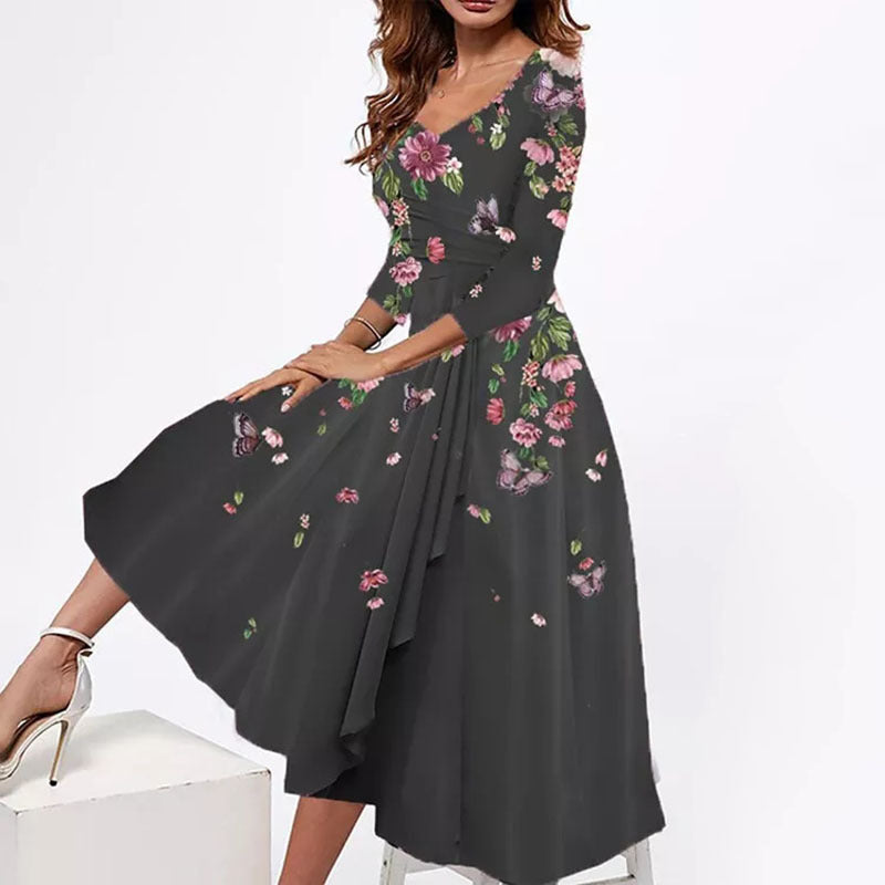 Women's Fashionable V-neck Loose Floral Print Mid-length Sleeves Dress