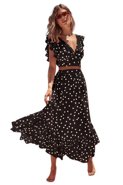 Women's Bohemian V-collar Polka Dot Printed Skirt Suit