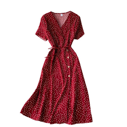 Polka Dot Chiffon Dress Waist Slimming