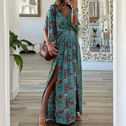 New Fashion V-neck Short Sleeve Loose Bohemian Printed Dress