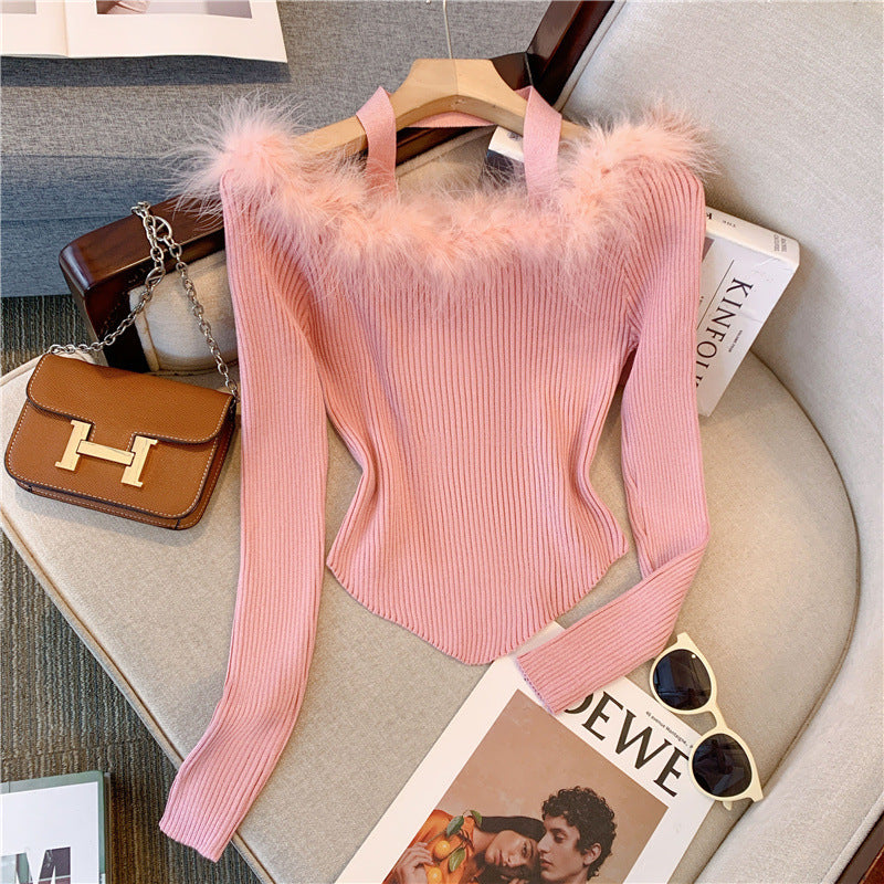 Super Fairy Fur Collar Off-shoulder Pure Hot Girl Sweater Women's Design Sense Niche Off-shoulder Slim Top