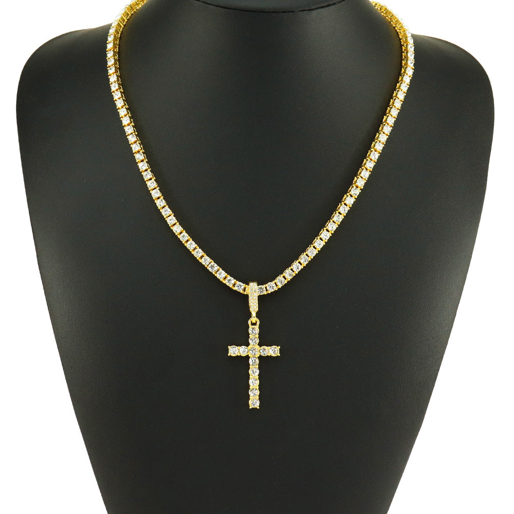 Cross Pendant Single Row Diamond Cuban Necklace