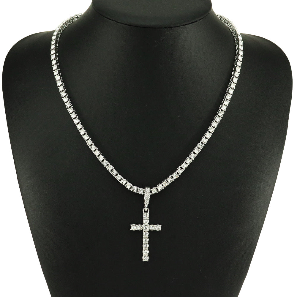 Cross Pendant Single Row Diamond Cuban Necklace