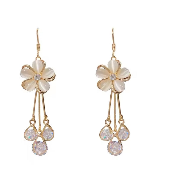 Elegant Gold Floral Crystal Dangle Earrings