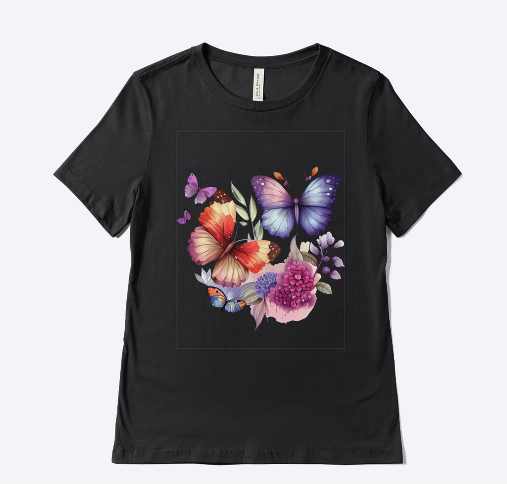 A black short-sleeve crewneck t-shirt featuring a colorful graphic print of butterflies and flowers in the center,