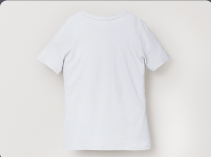 A white short-sleeve crewneck t-shirt featuring a graphic of two hands clinking wine glasses with the text 'Wine a little laugh a lot' printed below, displayed