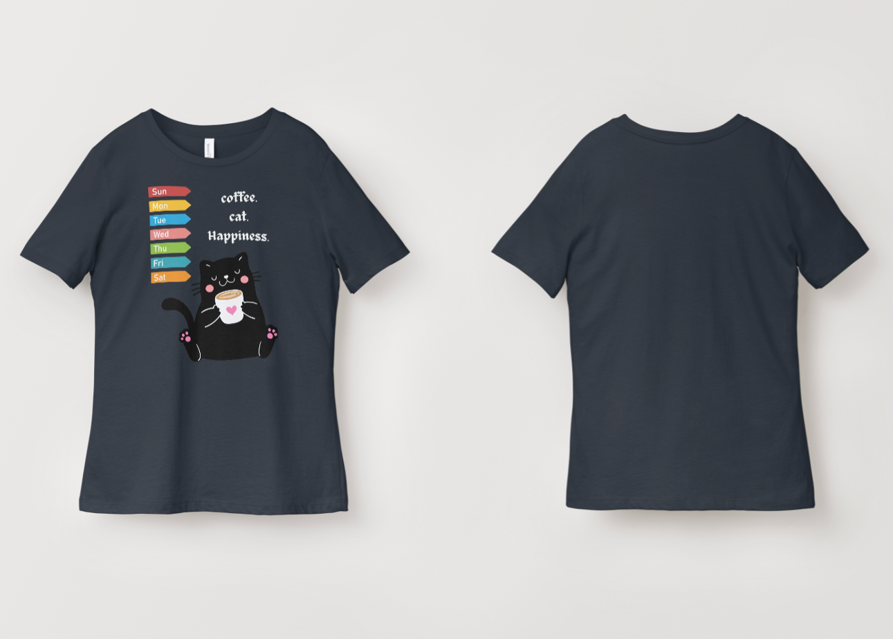 A dark navy blue short-sleeve t-shirt shown from both the front and back. The front features a graphic of a black cat sitting in front of colorful striped books with the text 'coffee cat happiness.