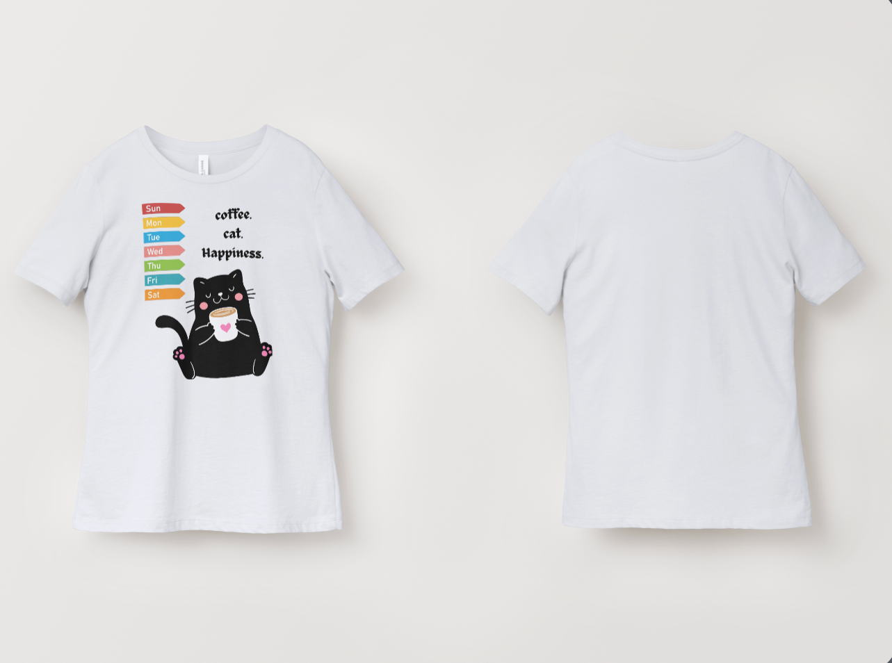 A white short-sleeve t-shirt shown from both front and back. The front features a graphic of a black cat wearing a coffee cup and surrounded by colorful coffee-themed labels with the text 'coffee cat Happiness.