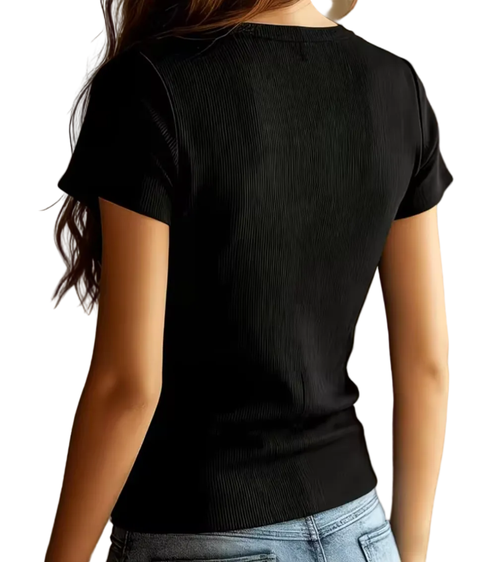 Women's Mesh V-Neck Ribbed Short Sleeve Top – Slim Fit Casual Blouse