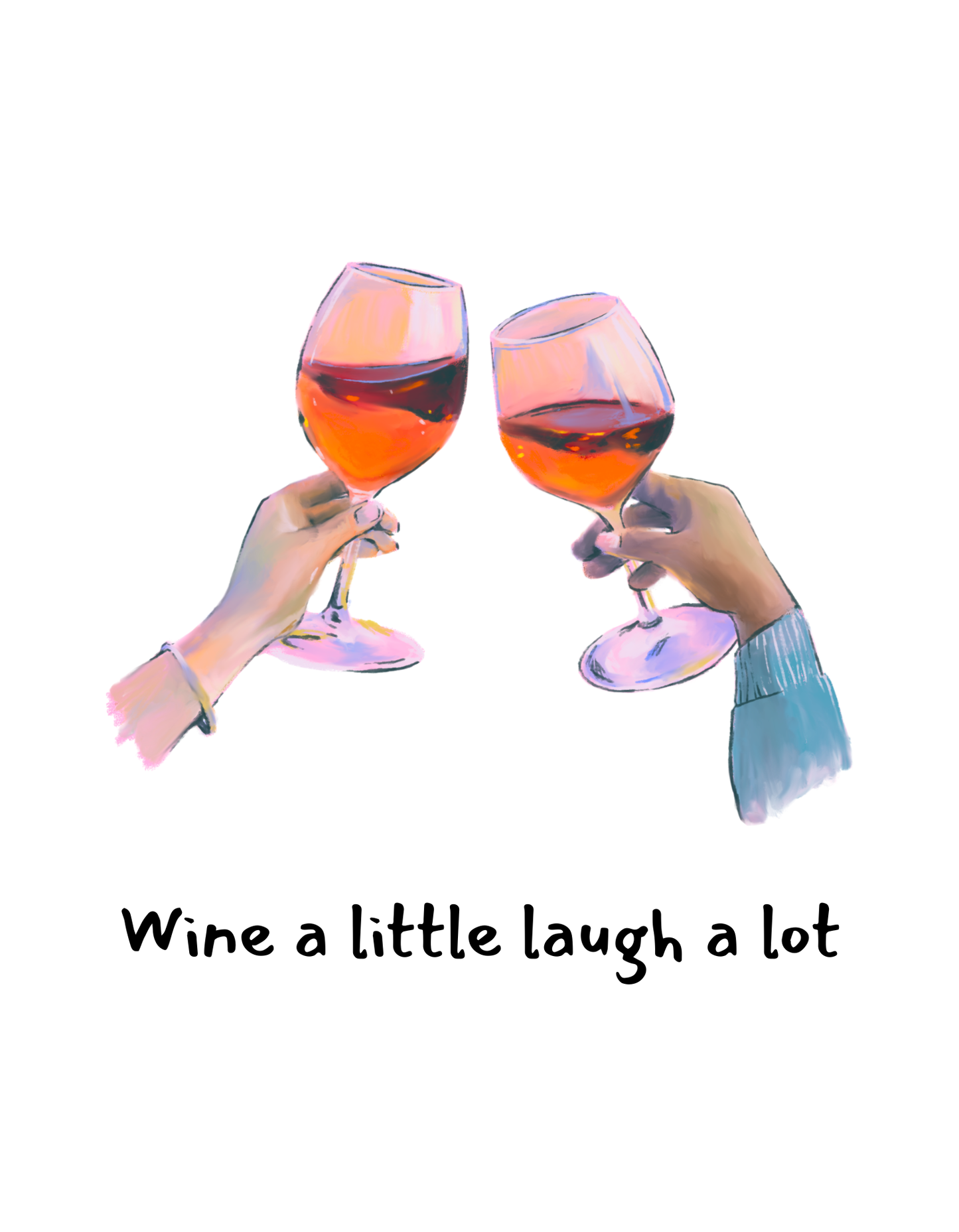 A white short-sleeve crewneck t-shirt featuring a graphic of two hands clinking wine glasses with the text 'Wine a little laugh a lot' printed below, displayed