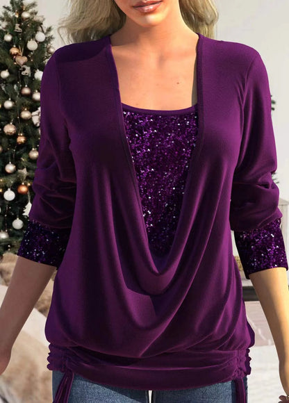 Sequin-Stitched U-Neck Long-Sleeve Top