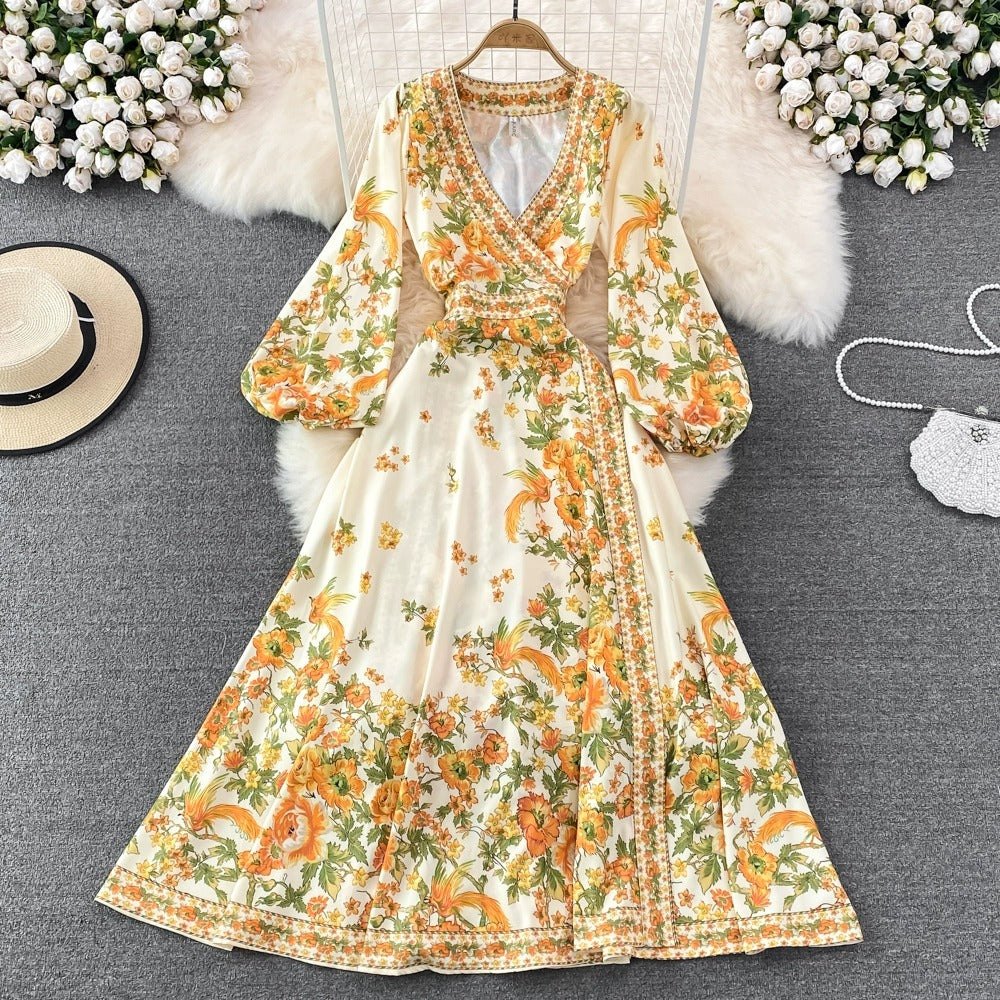 Floral Print Retro Pleated Elegant Puff Sleeve Dress A-line High Waist Boho Beach Vacation