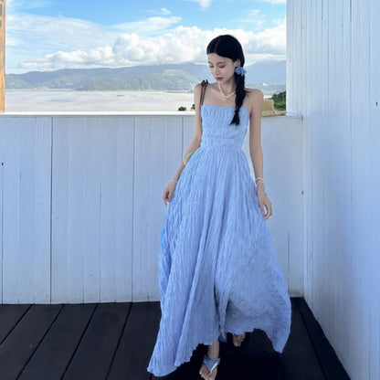 Summer Seaside Waves A Blue Sheer Vacation-style Backless Dress