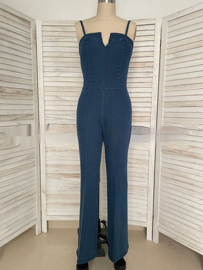 Women Sleeveless Denim Jumpsuit V Neck Wide Leg Flared Jumpsuit High Waist Back Zipper Slim Fit Denim Jumpsuit Jeans Overalls