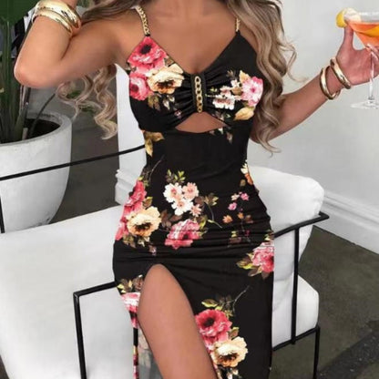 Split Spaghetti-strap Floral Print Dress