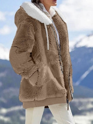 Plush Long Sleeves With Zippered Pockets And Hooded Warm Jacket