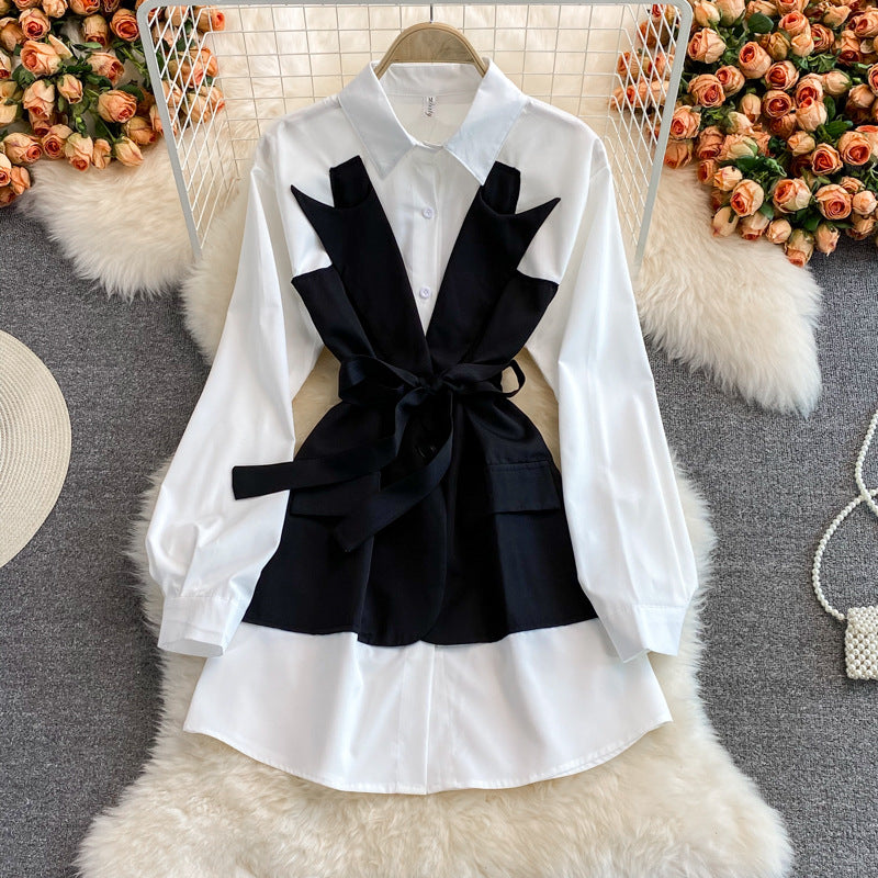 Women's Sleeve Waist Shirt Tie Lapel Dress